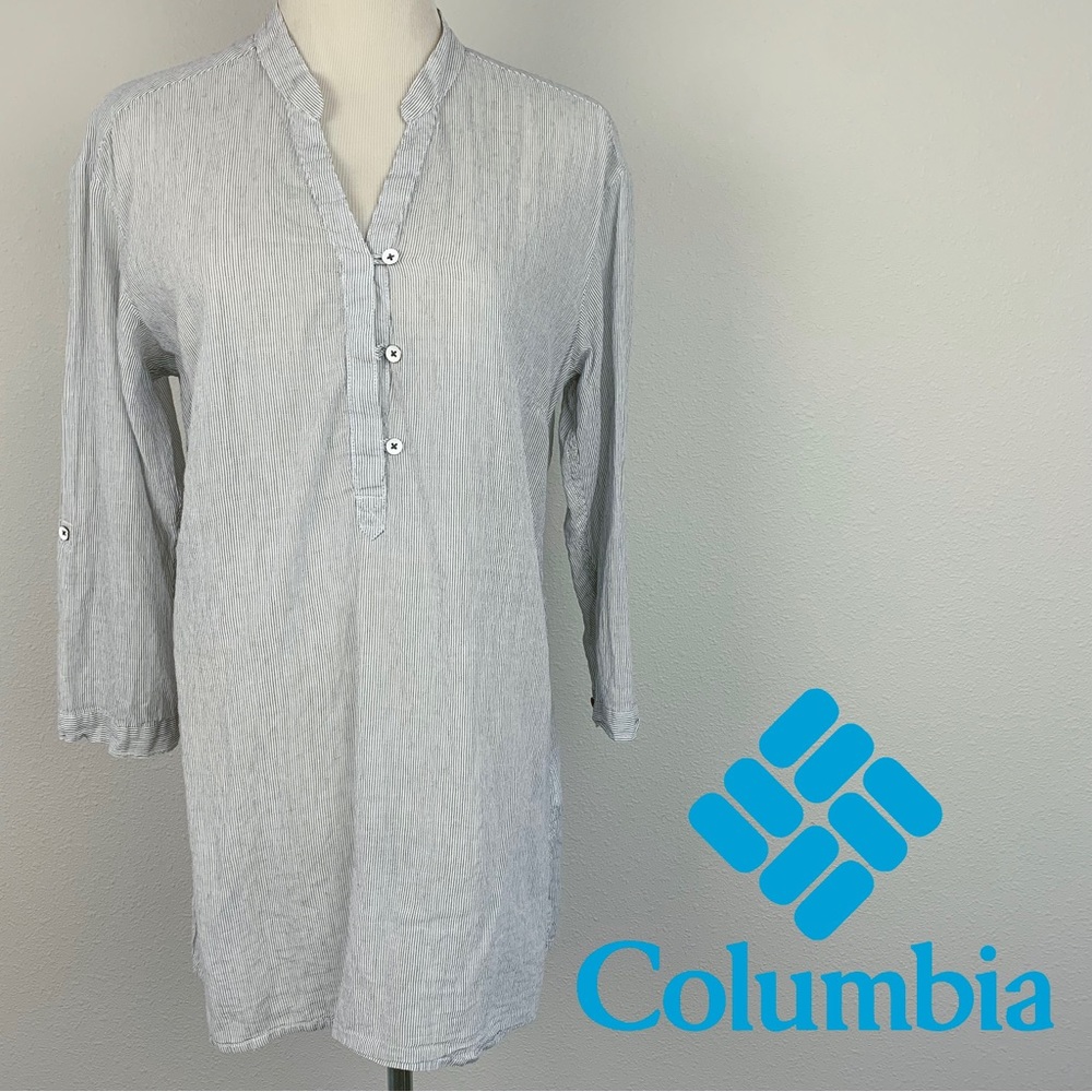 Columbia Early Tide Tunic Navy Stripe Cotton Roll Tab Sleeve Shirt Medium AL1603